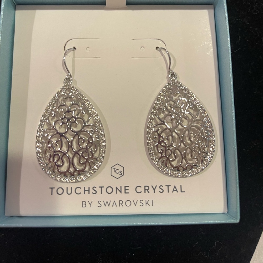 Touchstone Crystal Filigree Pierced Earrings with Swarovski Crystals. NIB